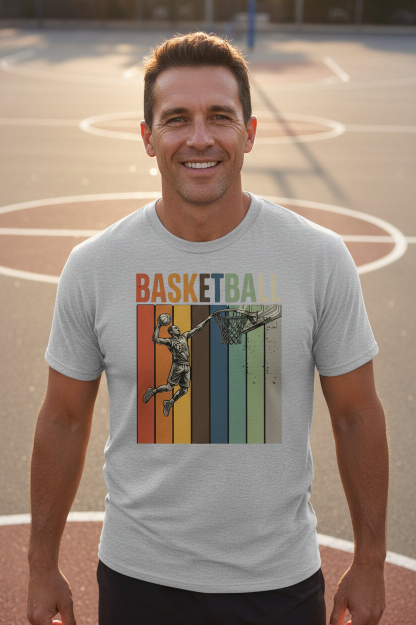 Basketball Dad Athletic Pride Retro Color Stripe T-Shirt Design HEATHER GRAY - FRONT