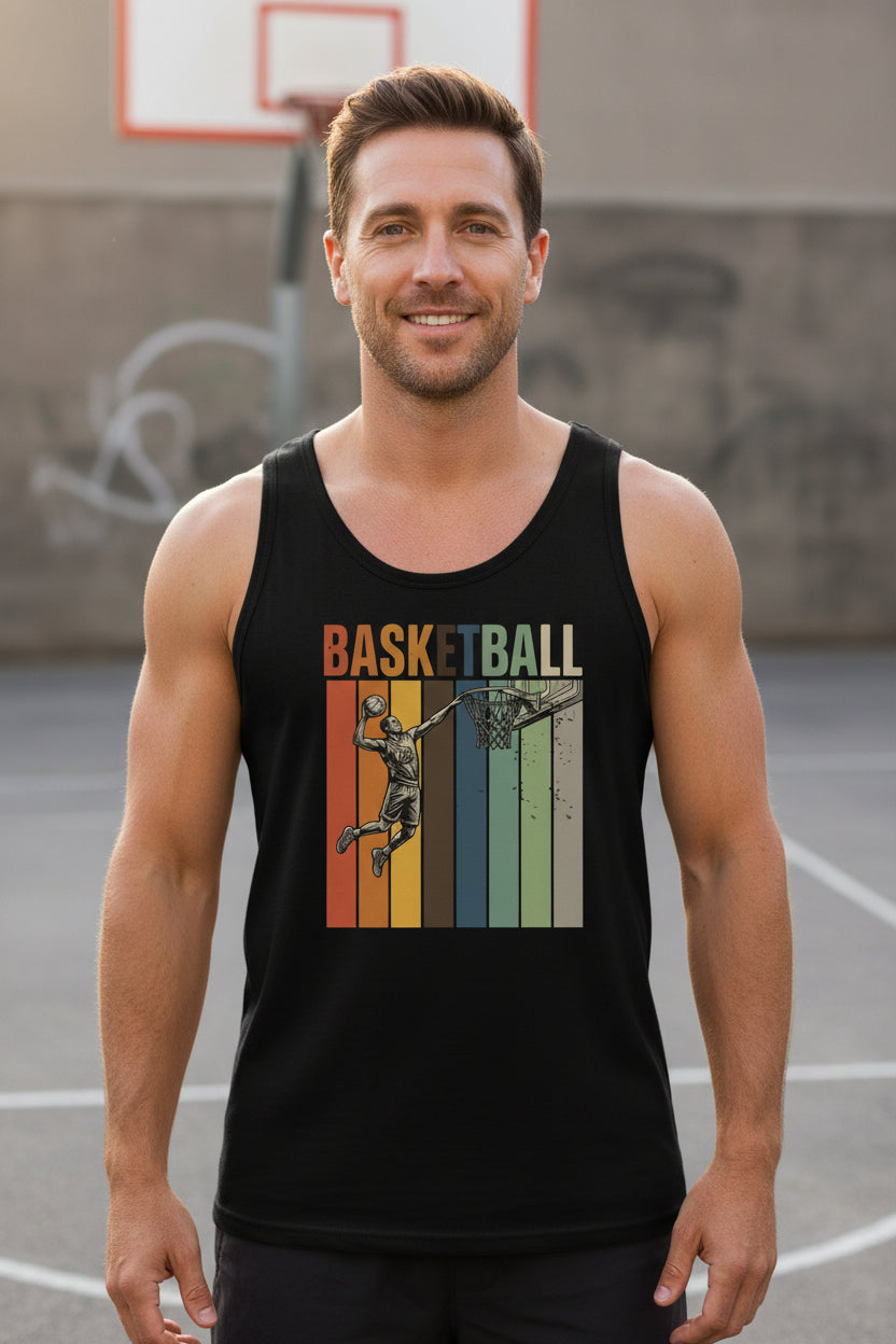 Basketball Dad Athletic Pride Retro Color Stripe Tank Top Design BLACK - FRONT