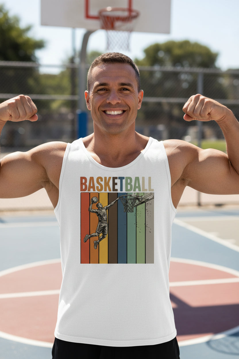 Basketball Dad Athletic Pride Retro Color Stripe Tank Top Design WHITE - FRONT