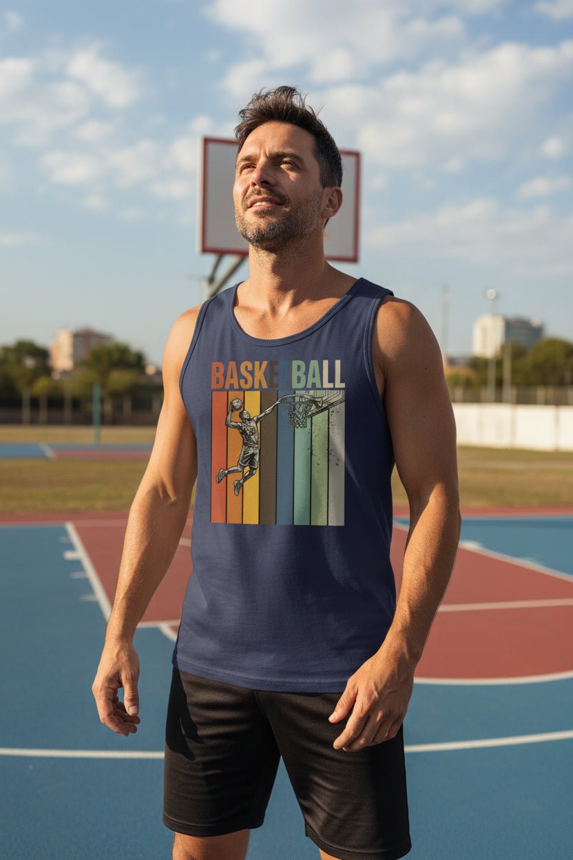 Basketball Dad Athletic Pride Retro Color Stripe Tank Top Design NAVY - FRONT