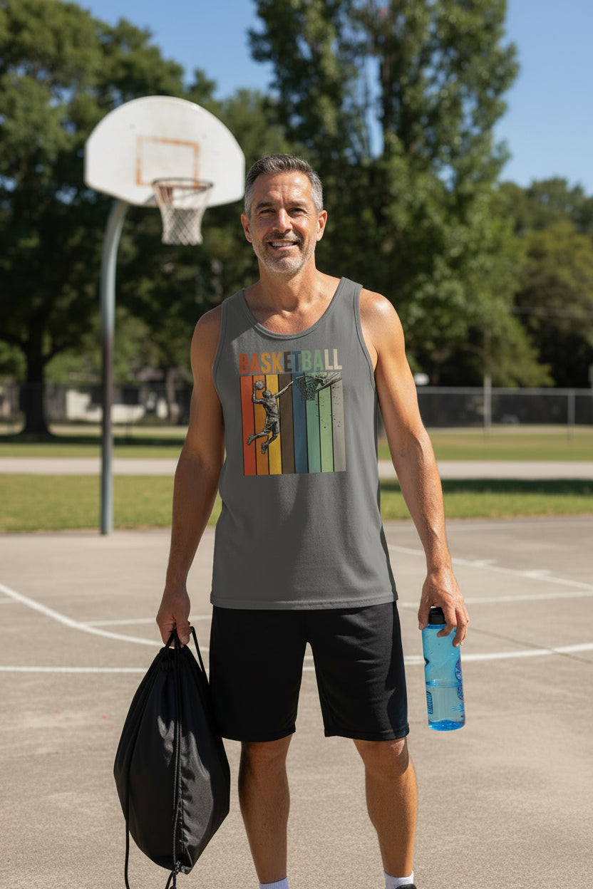 Basketball Dad Athletic Pride Retro Color Stripe Tank Top Design DARK GREY - FRONT