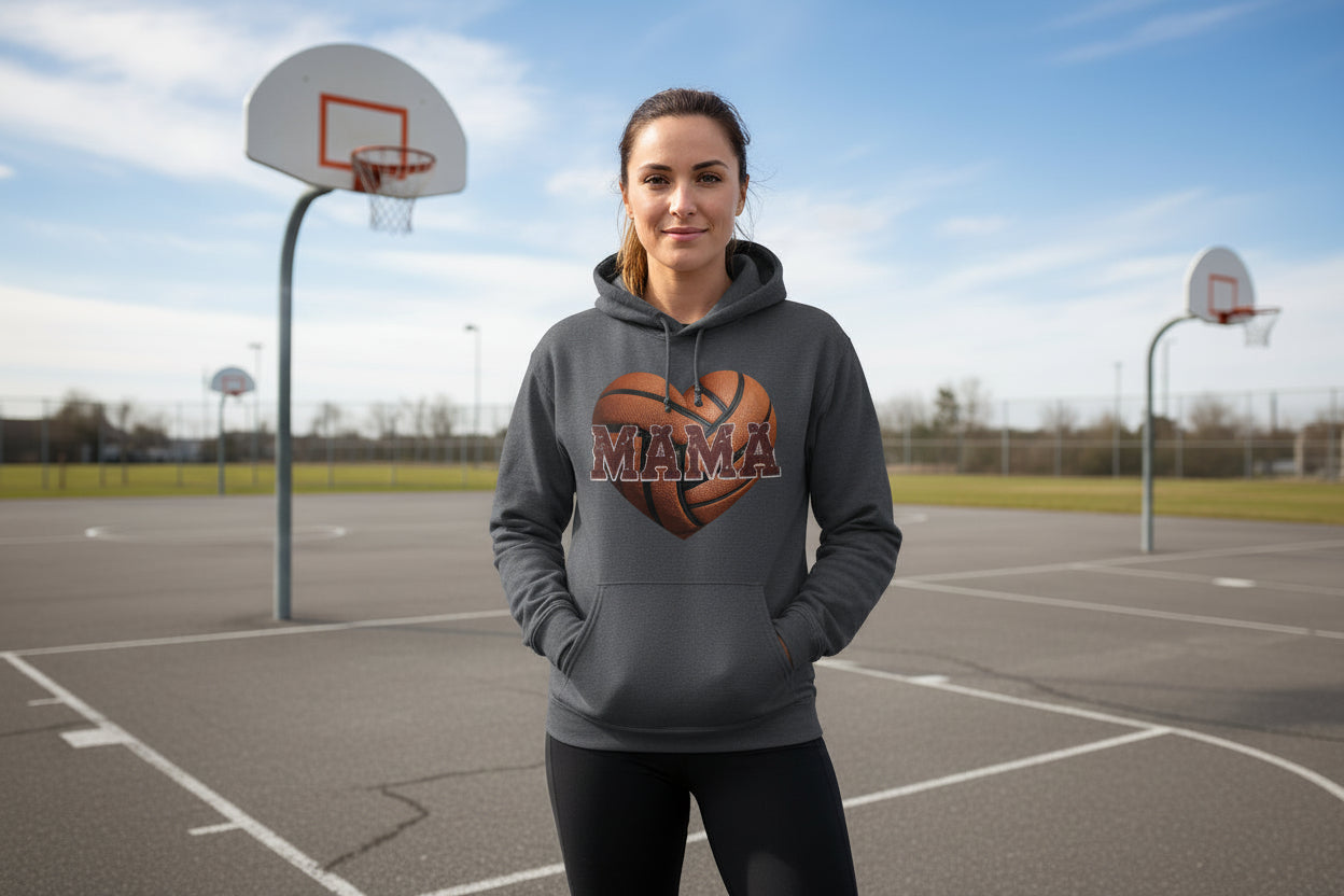 Basketball Mama Heart Hoodie- Athletic Pride Mom Spirit DARK HEATHER - FRONT