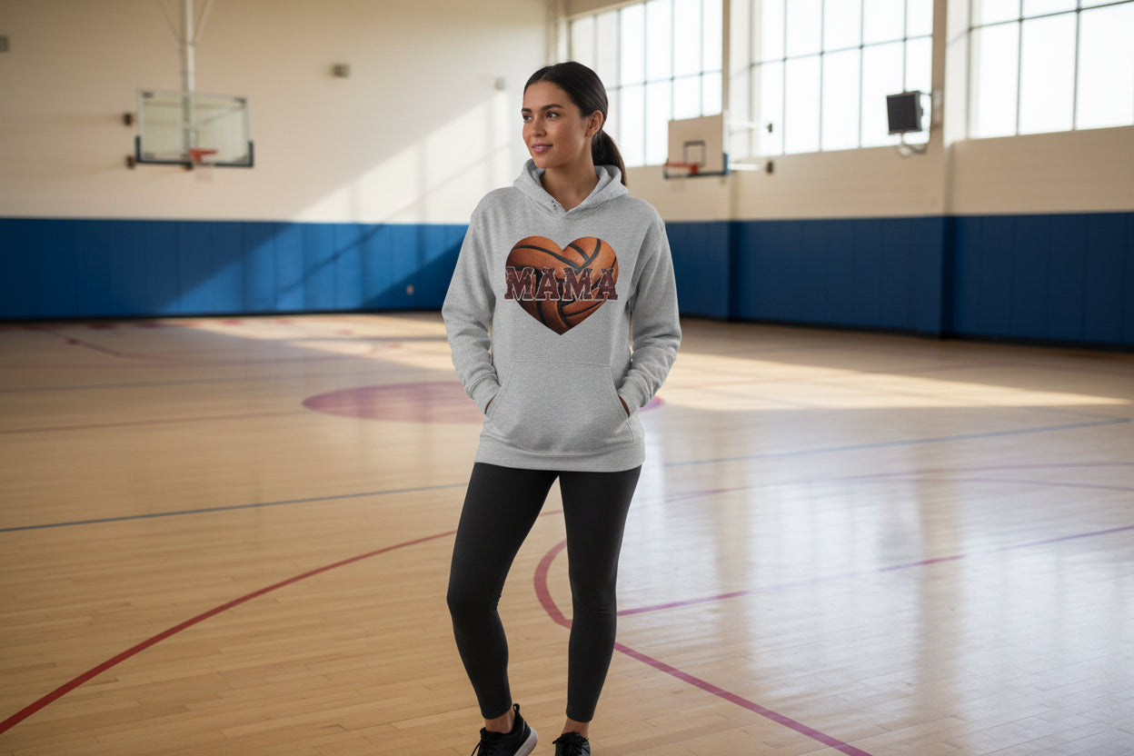 Basketball Mama Heart Hoodie- Athletic Pride Mom Spirit SPORT GREY - FRONT
