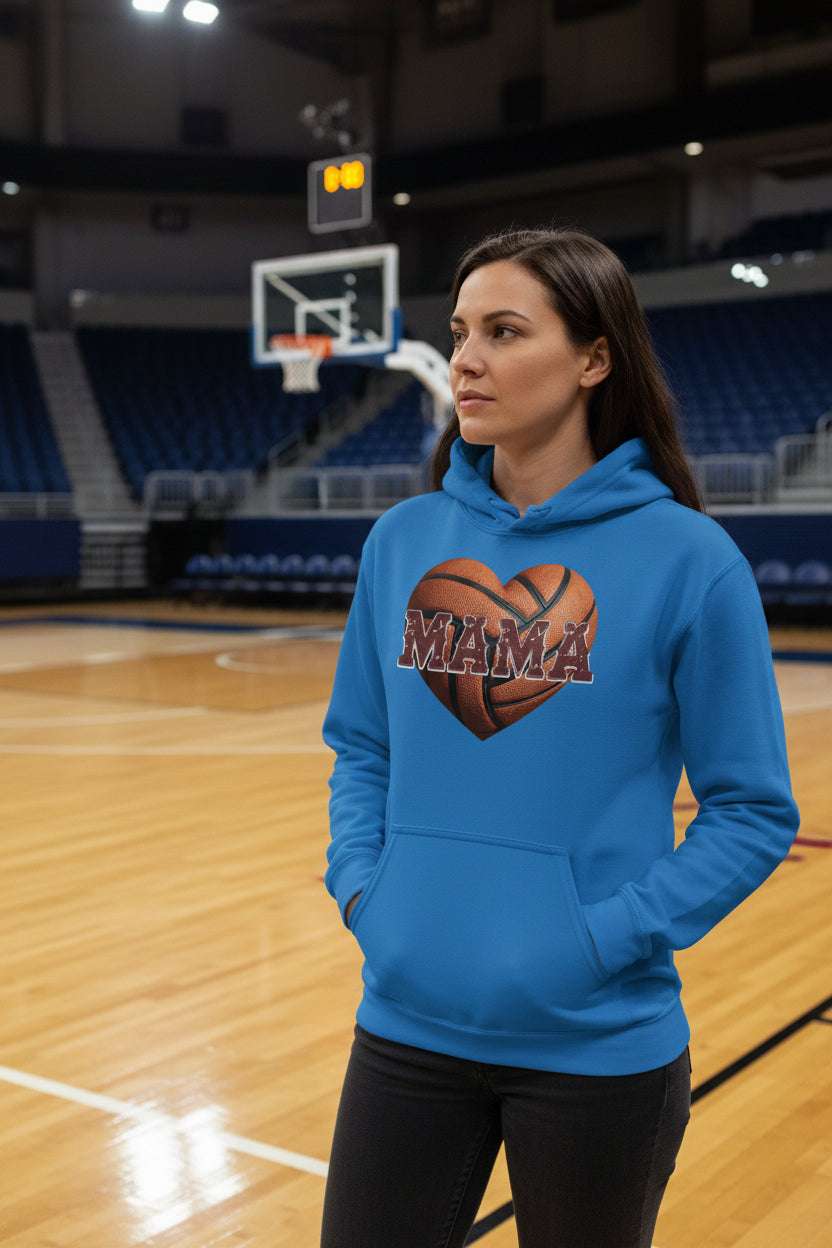 Basketball Mama Heart Hoodie- Athletic Pride Mom Spirit Royal - FRONT