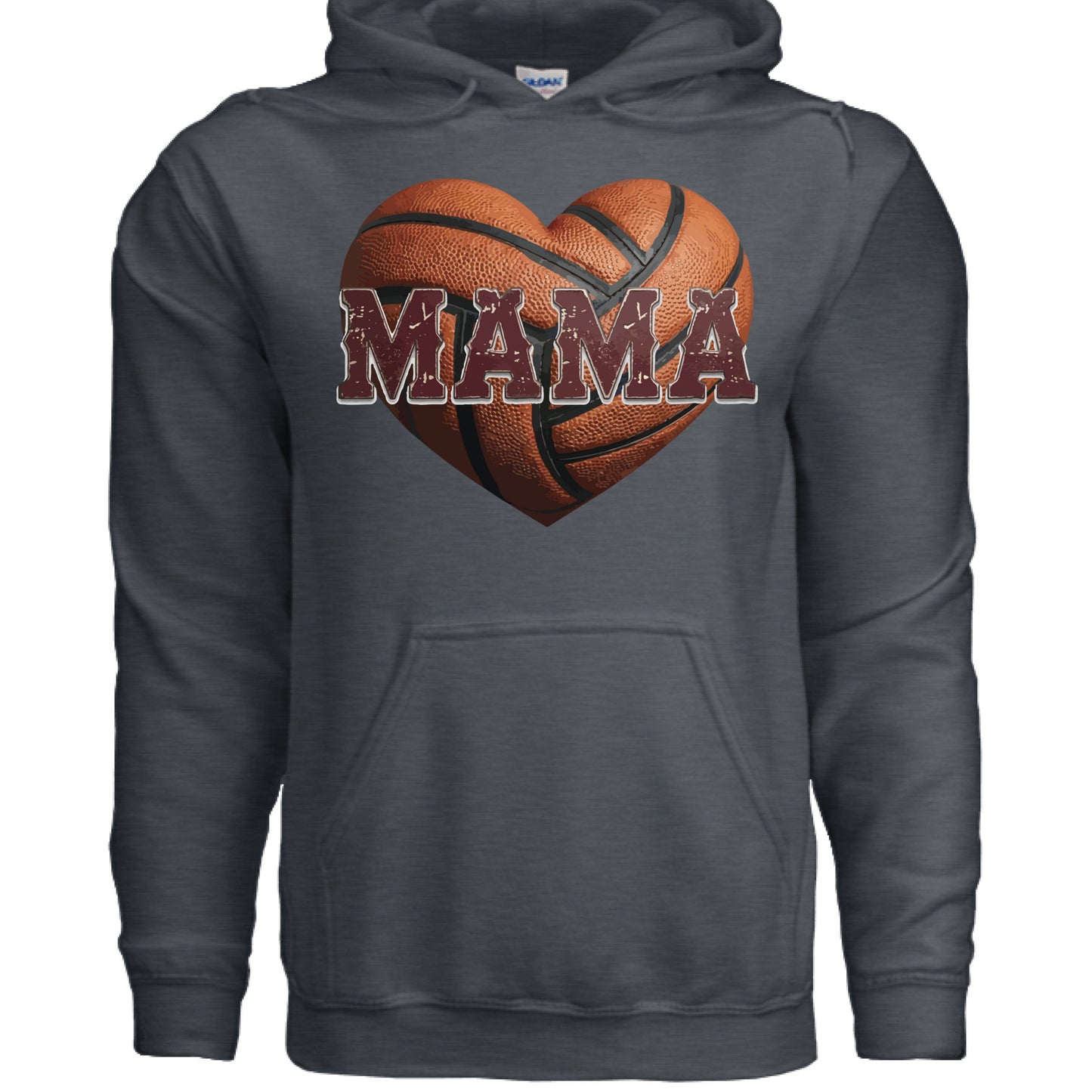 Basketball Mama Heart Hoodie- Athletic Pride Mom Spirit DARK HEATHER - FRONT