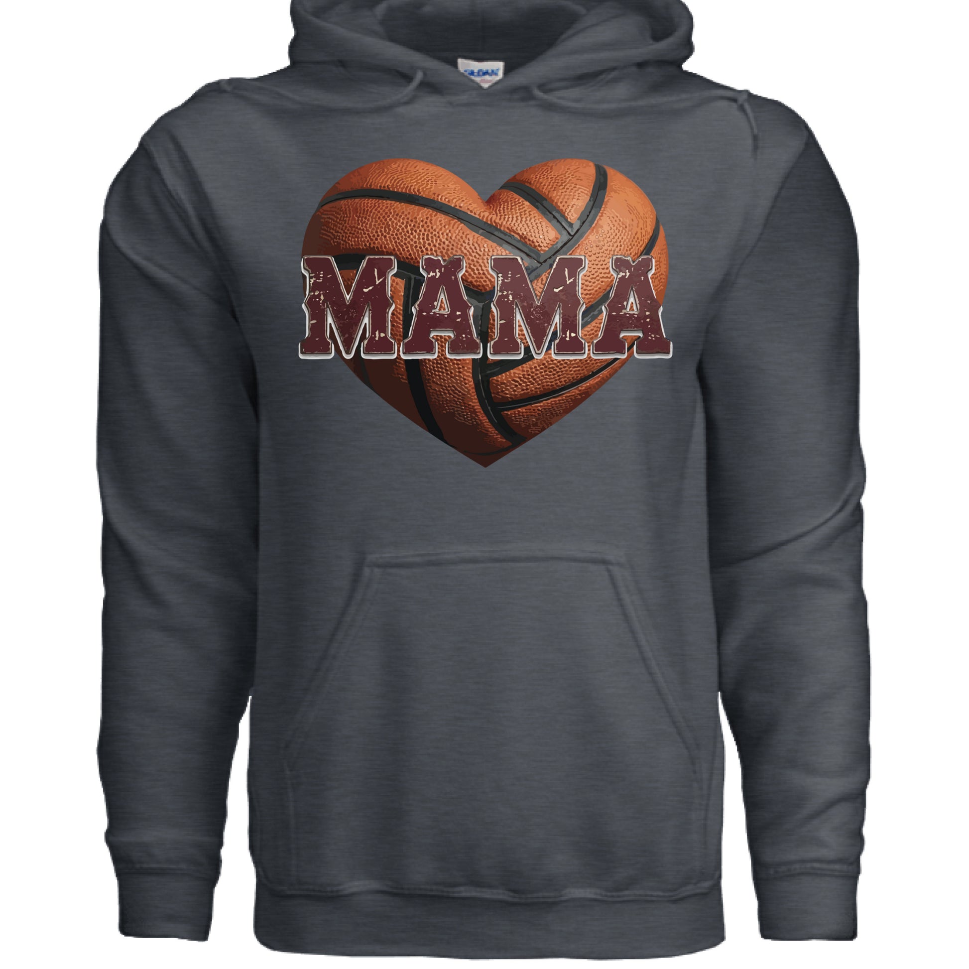 Basketball Mama Heart Hoodie- Athletic Pride Mom Spirit DARK HEATHER - FRONT