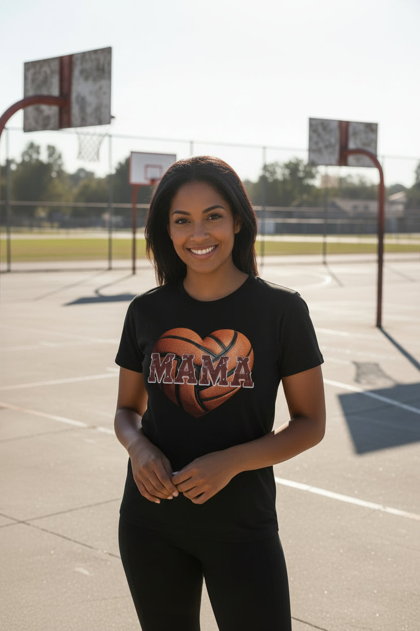 Basketball Mama Heart T-Shirt- Athletic Pride Mom Spirit SOLID BLK BLEND - FRONT