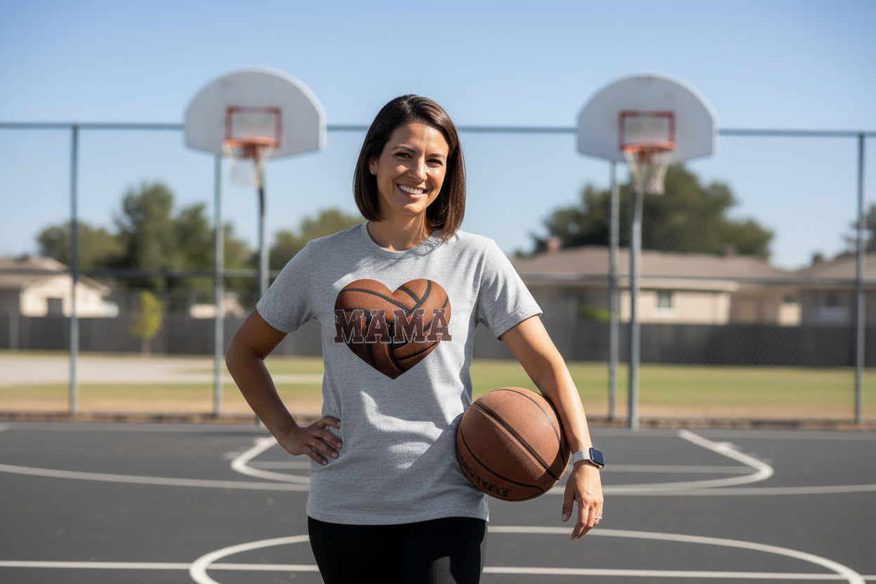 Basketball Mama Heart T-Shirt- Athletic Pride Mom Spirit ATHLETIC HEATHER - FRONT