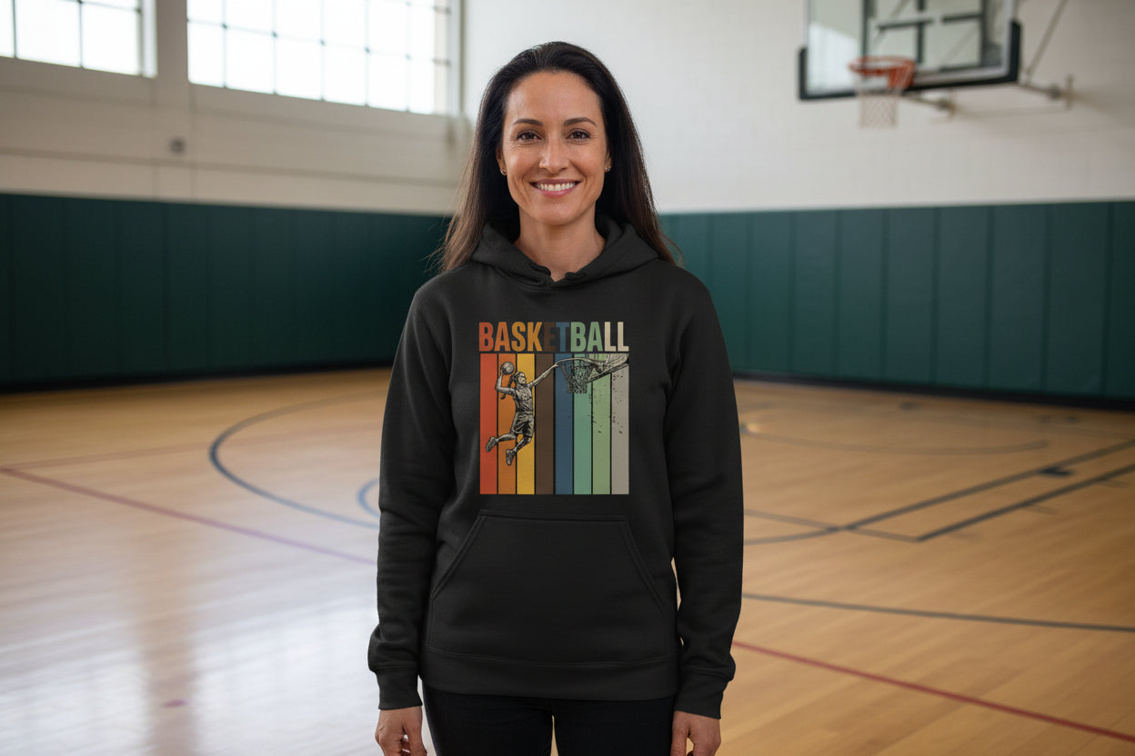 Basketball Mom Athletic Pride Retro Color Stripe Hoodie Design BLACK - FRONT