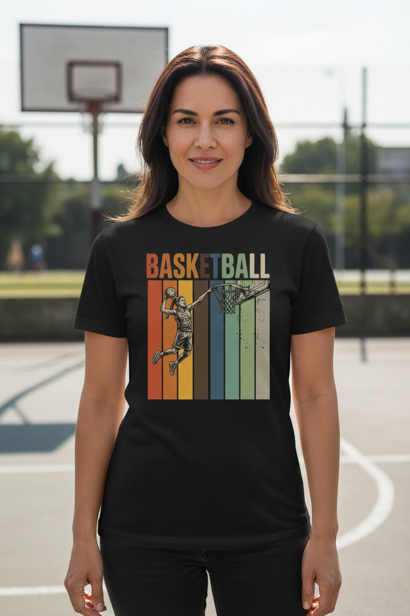 Basketball Mom Athletic Pride Retro Color Stripe T-Shirt Design BLACK - FRONT