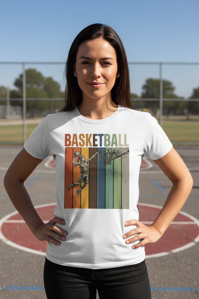 Basketball Mom Athletic Pride Retro Color Stripe T-Shirt Design WHITE - FRONT