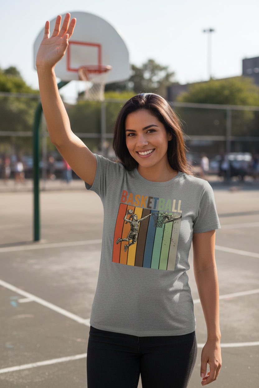 Basketball Mom Athletic Pride Retro Color Stripe T-Shirt Design DEEP HEATHER - FRONT