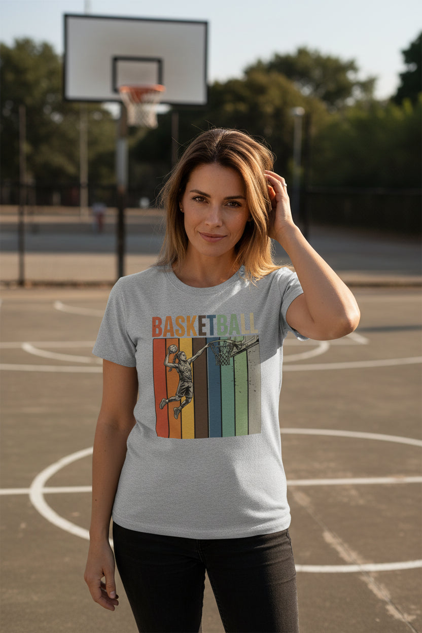 Basketball Mom Athletic Pride Retro Color Stripe T-Shirt Design ATHLETIC HEATHER - FRONT