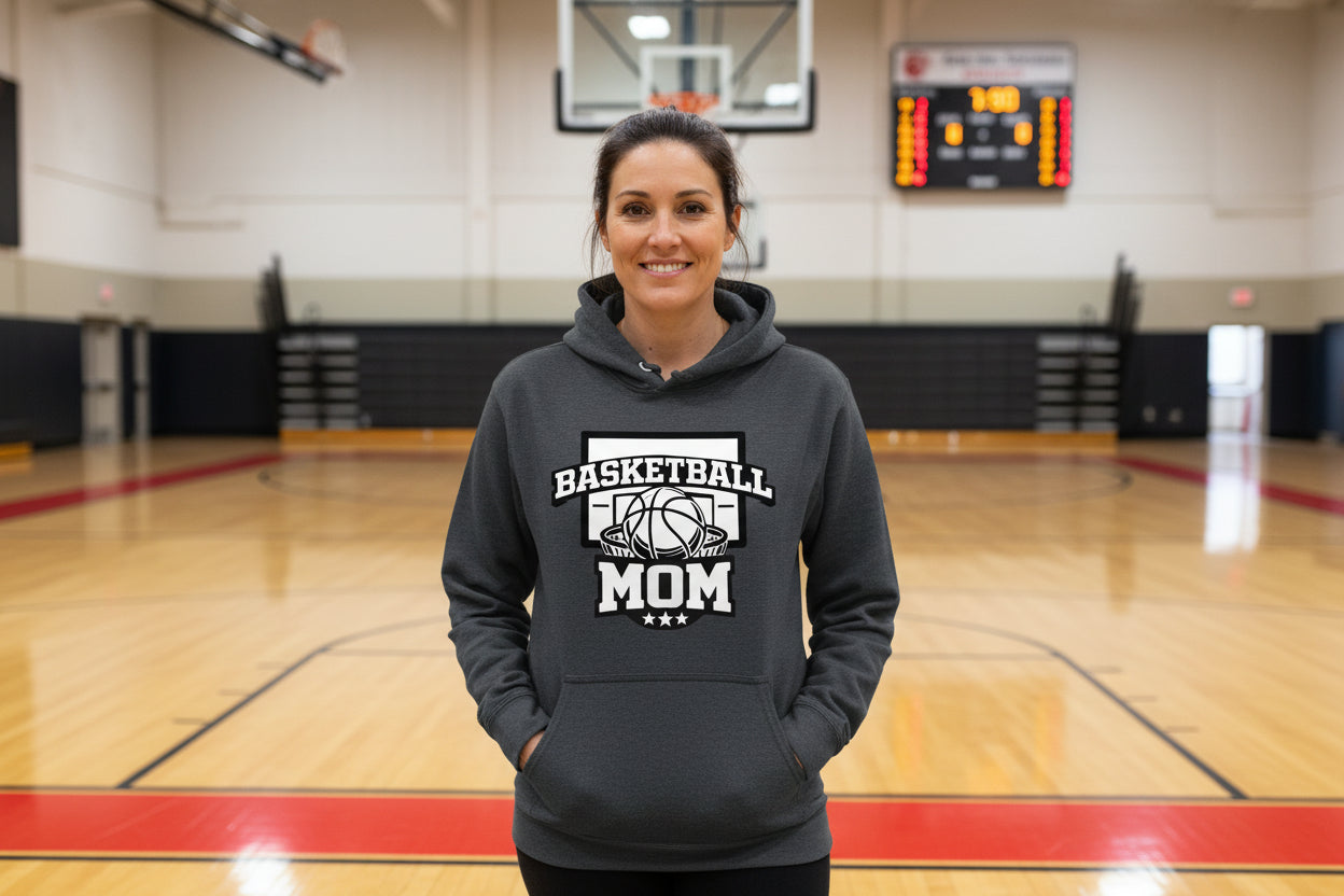 Basketball Mom Graphic Top – Court Side Sports Mom Hoodie DARK HEATHER - FRONT