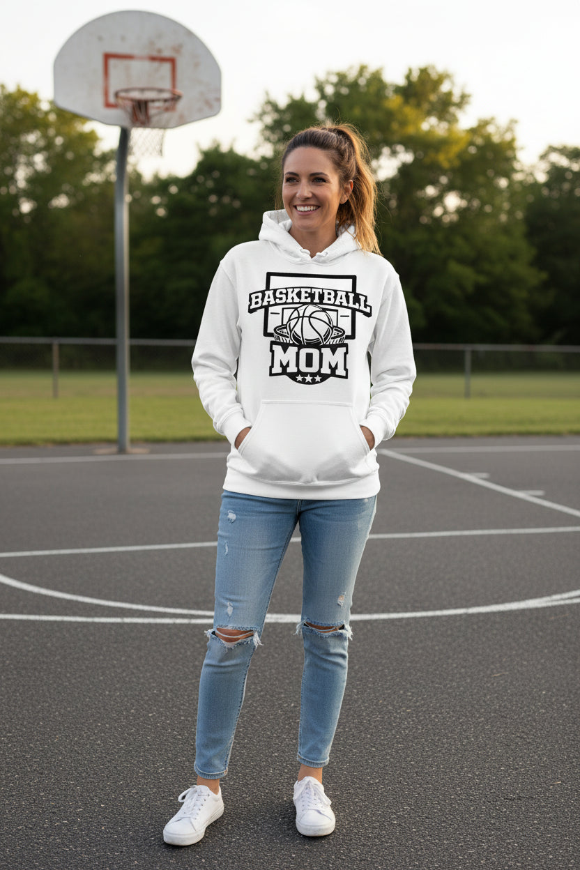 Basketball Mom Graphic Top – Court Side Sports Mom Hoodie WHITE - FRONT