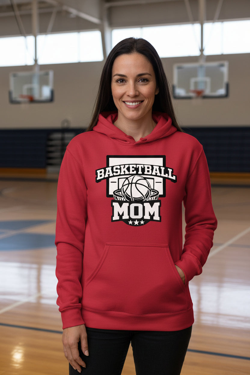 Basketball Mom Graphic Top – Court Side Sports Mom Hoodie RED - FRONT