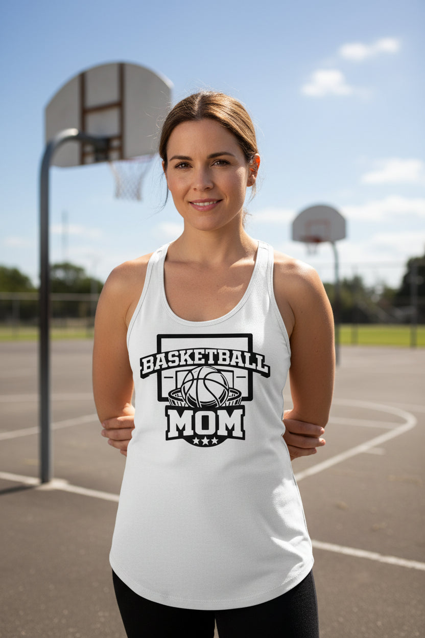 Basketball Mom Graphic Top – Court Side Sports Mom Tank Top White - FRONT