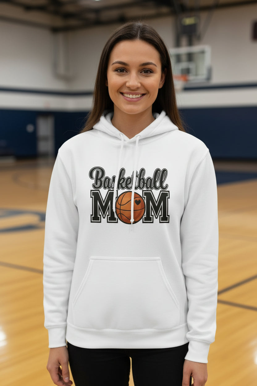 Basketball Mom Hoodie with Heart Ball – Game Day Spirit Style WHITE - SF500 - FRONT