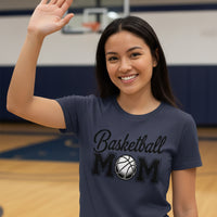Basketball Mom Script Design with Ball Graphic – Game Day Spirit Style T-Shirt NAVY - FRONT
