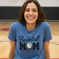 Basketball Mom Script Design with Ball Graphic – Game Day Spirit Style T-Shirt HTHR TRUE ROYAL - FRONT