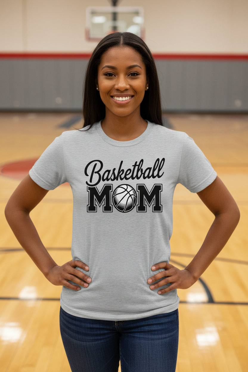 Basketball Mom Script Design with Ball Graphic – Game Day Spirit Style T-Shirt ATHLETIC HEATHER - FRONT