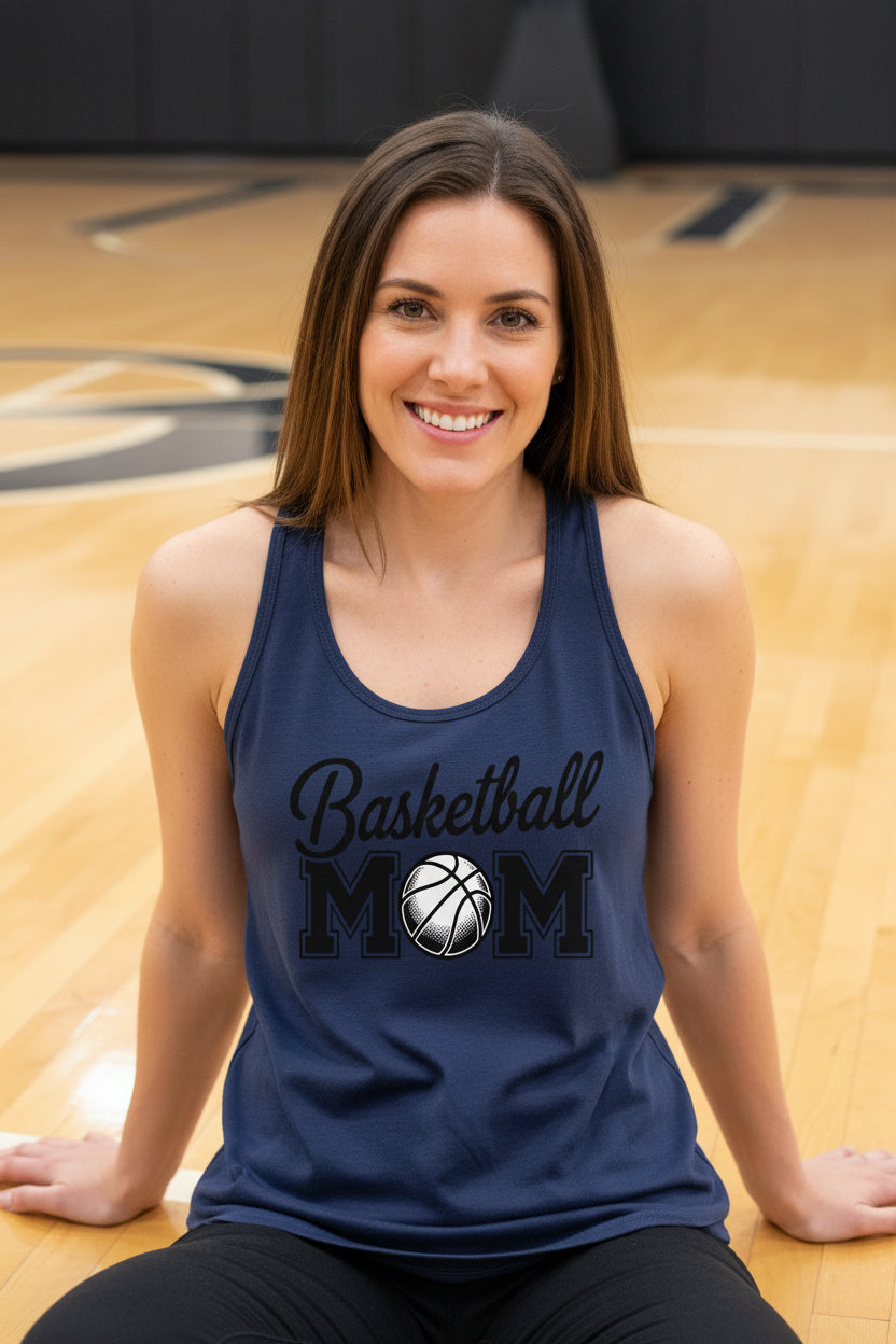 Basketball Mom Script Design with Ball Graphic – Game Day Spirit Style Tank Top Midnight Navy - FRONT