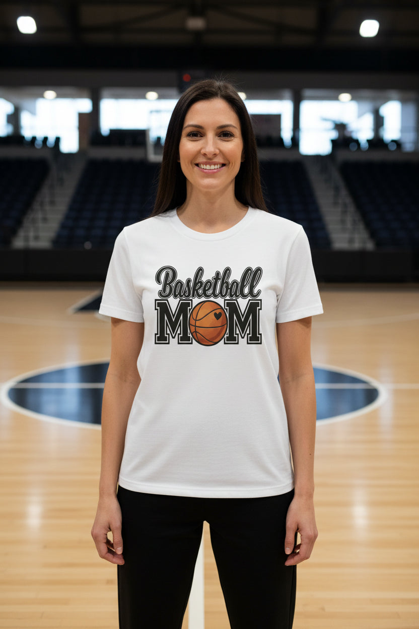 Basketball Mom T-Shirt with Heart Ball – Game Day Spirit Style WHITE - 6004 - FRONT