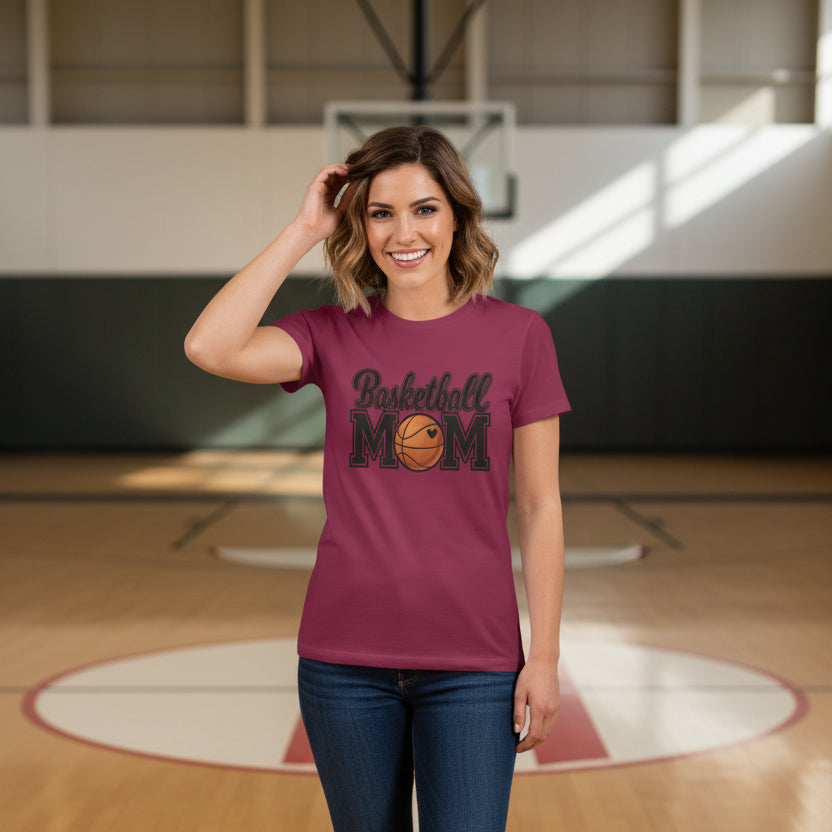 Basketball Mom T-Shirt with Heart Ball – Game Day Spirit Style MAROON - 6004 - FRONT