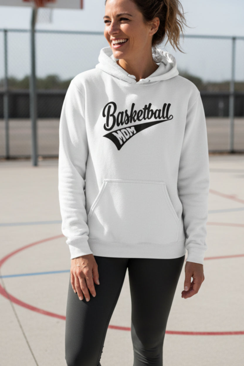 Basketball Mom Vibes – Stylish Sports Parent Pride Statement Hoodie WHITE - FRONT