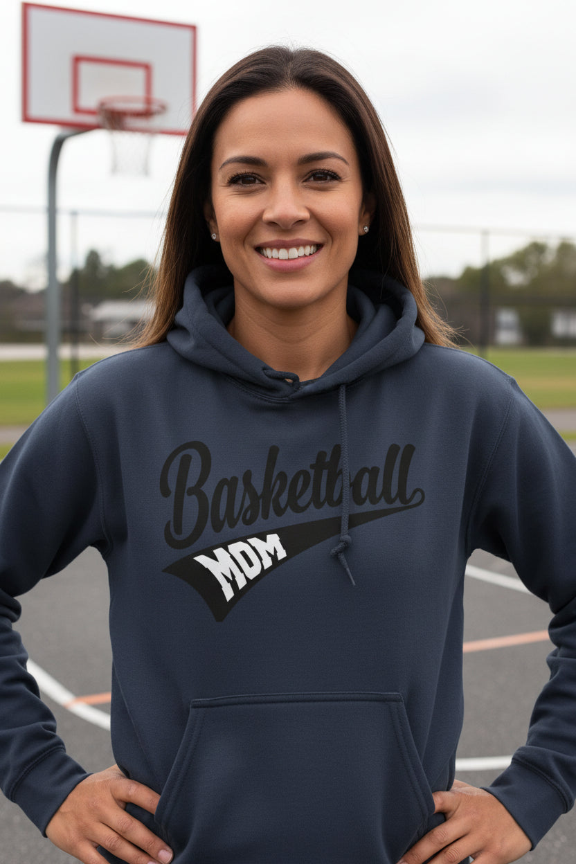 Basketball Mom Vibes – Stylish Sports Parent Pride Statement Hoodie NAVY - FRONT