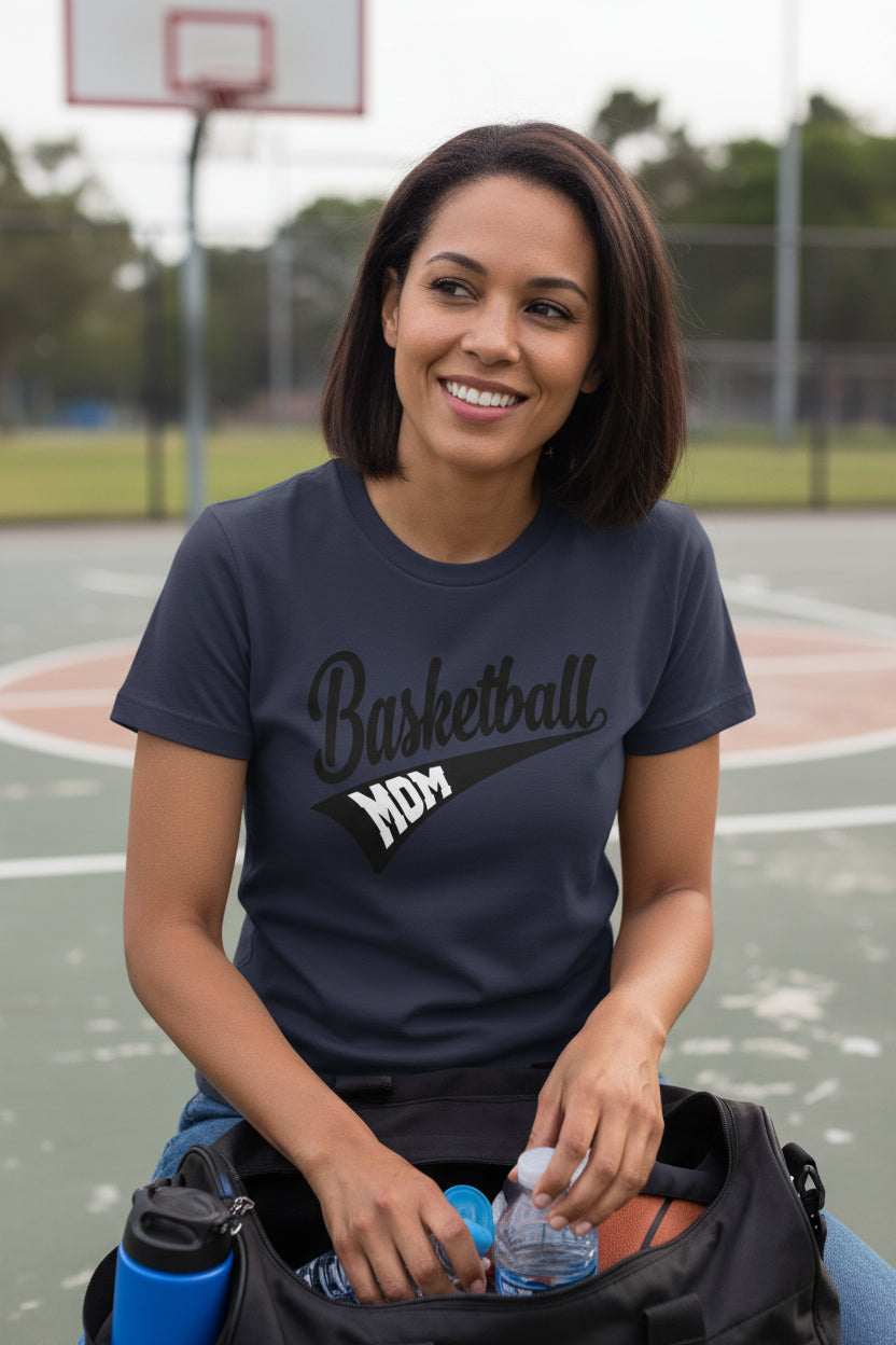 Basketball Mom Vibes – Stylish Sports Parent Pride Statement T-Shirt NAVY - FRONT