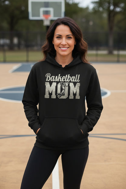 Basketball Mom Vintage Dunk Design – Proud Sports Mom Game Day Spirit Hoodie BLACK - FRONT