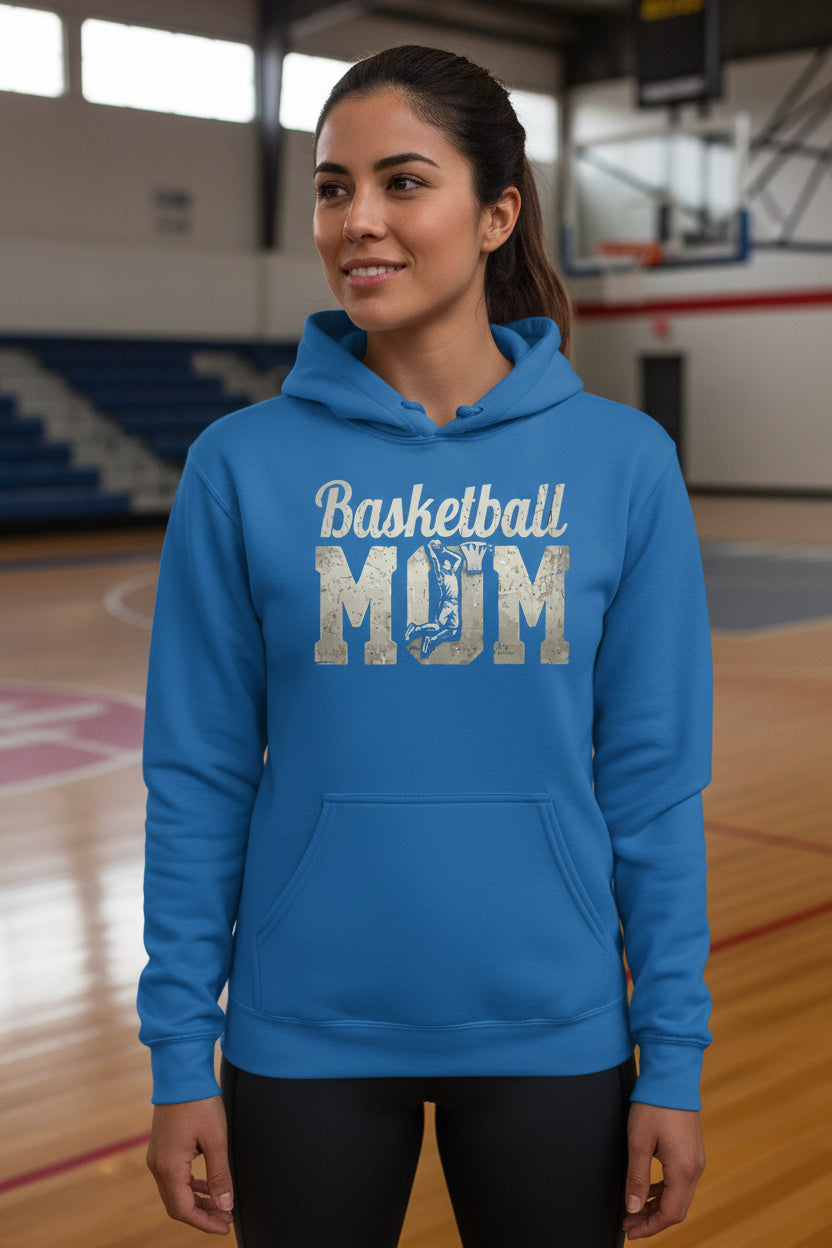 Basketball Mom Vintage Dunk Design – Proud Sports Mom Game Day Spirit Hoodie Royal - FRONT