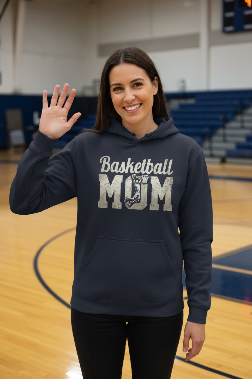 Basketball Mom Vintage Dunk Design – Proud Sports Mom Game Day Spirit Hoodie NAVY - FRONT