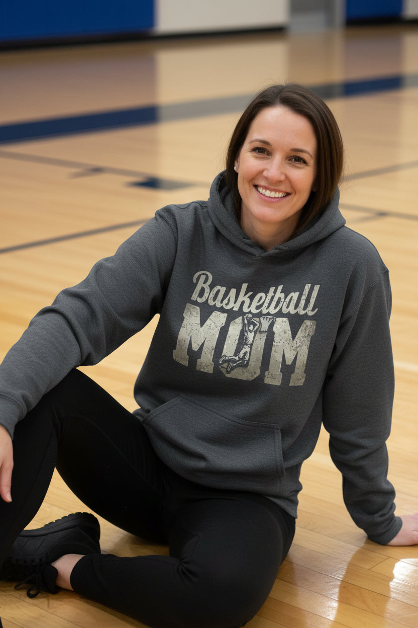 Basketball Mom Vintage Dunk Design – Proud Sports Mom Game Day Spirit Hoodie DARK HEATHER - FRONT