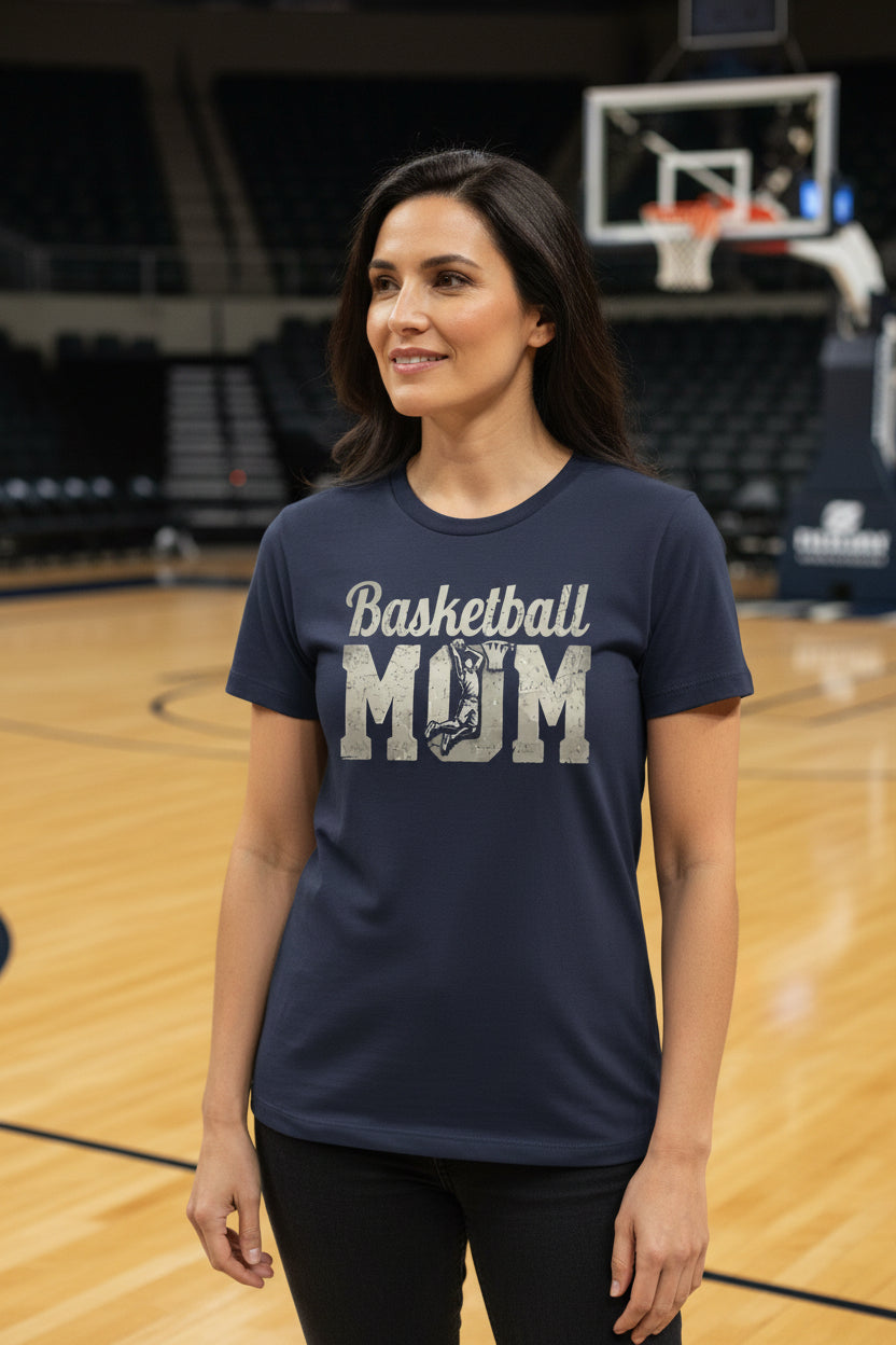Basketball Mom Vintage Dunk Design – Proud Sports Mom Game Day Spirit T-Shirt NAVY - FRONT