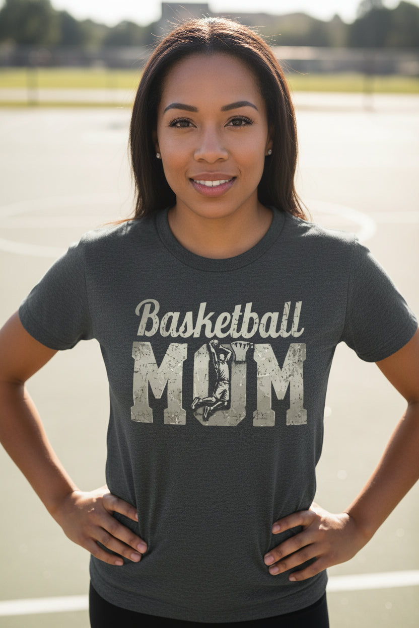 Basketball Mom Vintage Dunk Design – Proud Sports Mom Game Day Spirit T-Shirt DRK GREY HEATHER - FRONT
