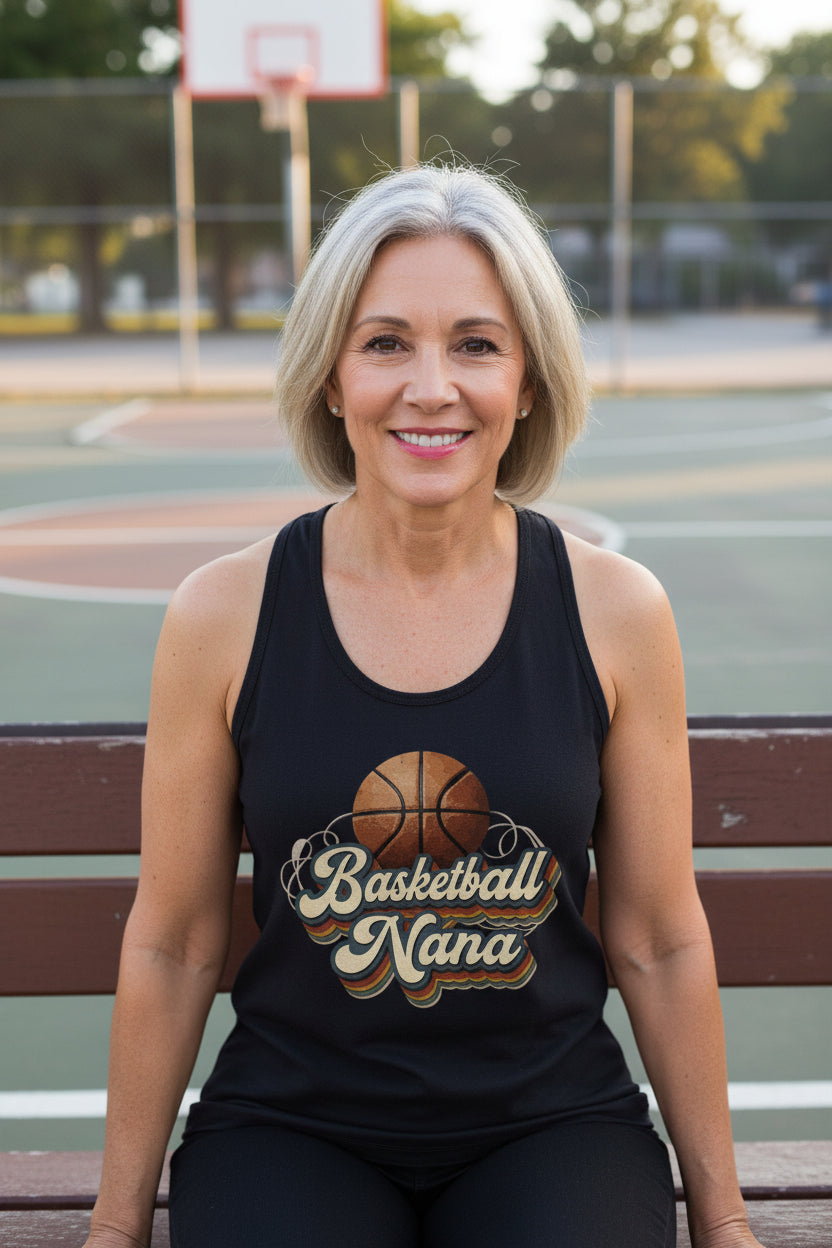 Basketball Nana Groovy Retro Sports Family Fan Tank Top Black - N1533 - FRONT