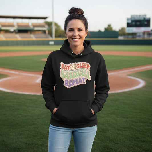 Eat Sleep Baseball Repeat – Colorful Fun Sports Lifestyle Hoodie for Ladies BLACK - FRONT