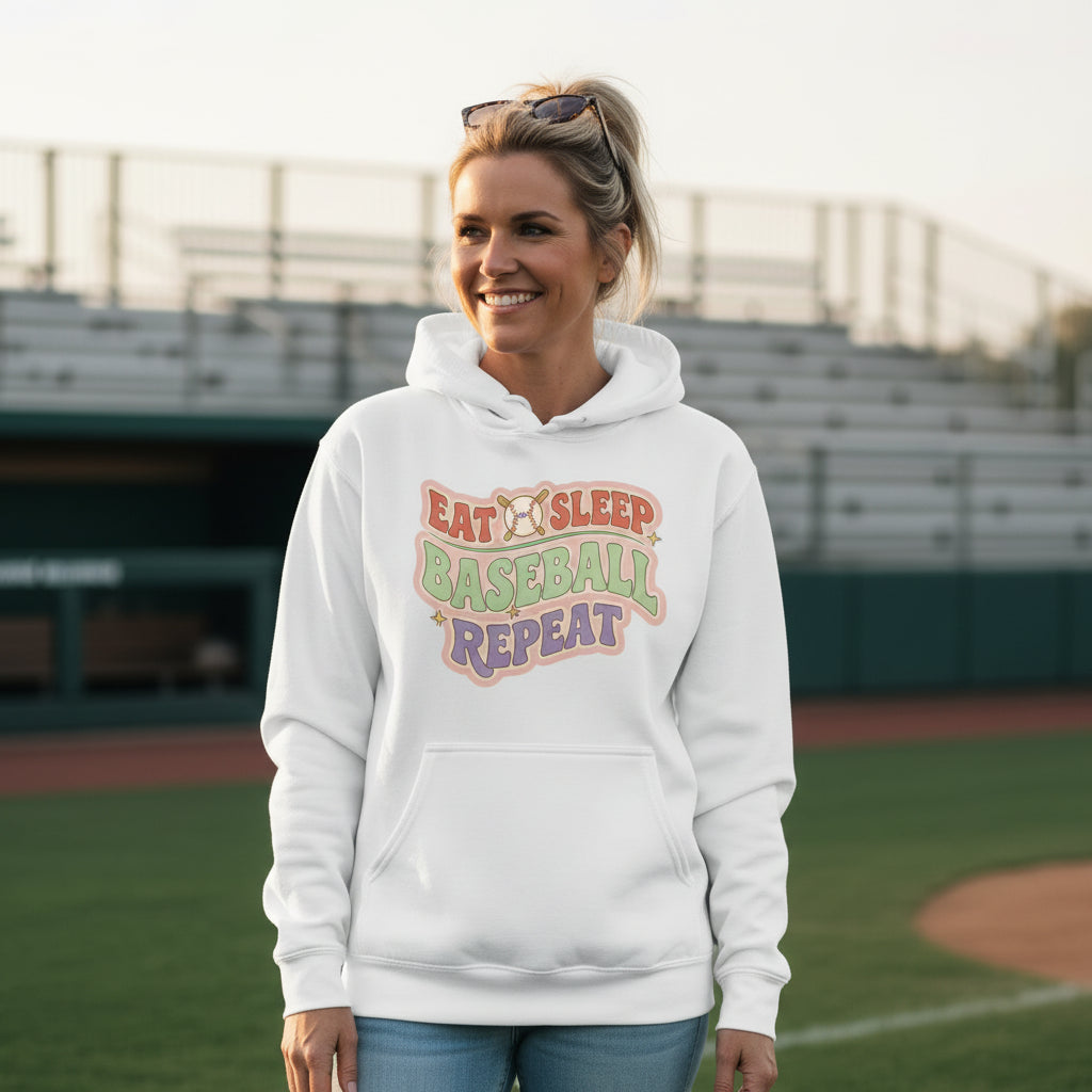 Eat Sleep Baseball Repeat – Colorful Fun Sports Lifestyle Hoodie for Ladies WHITE - FRONT