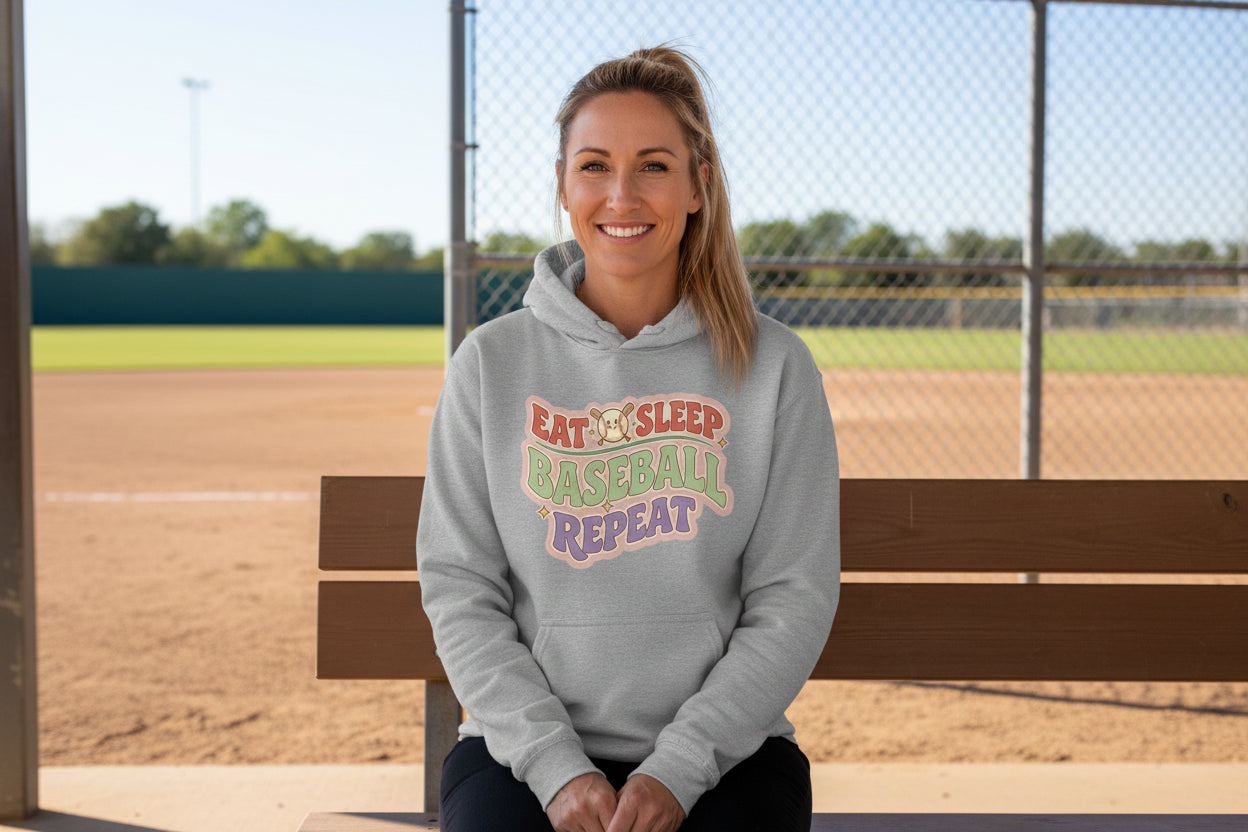 Eat Sleep Baseball Repeat – Colorful Fun Sports Lifestyle Hoodie for Ladies SPORT GREY - FRONT