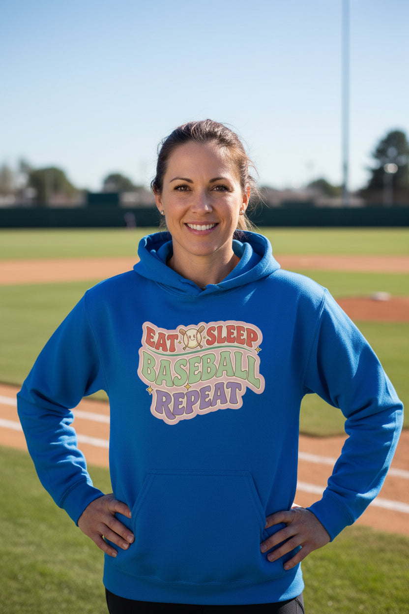Eat Sleep Baseball Repeat – Colorful Fun Sports Lifestyle Hoodie for Ladies Royal - FRONT