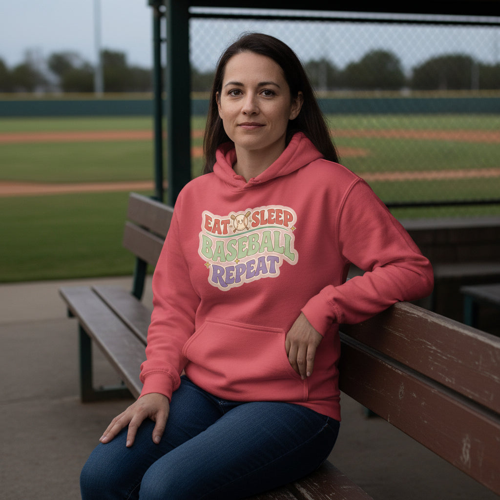 Eat Sleep Baseball Repeat – Colorful Fun Sports Lifestyle Hoodie for Ladies RED - FRONT