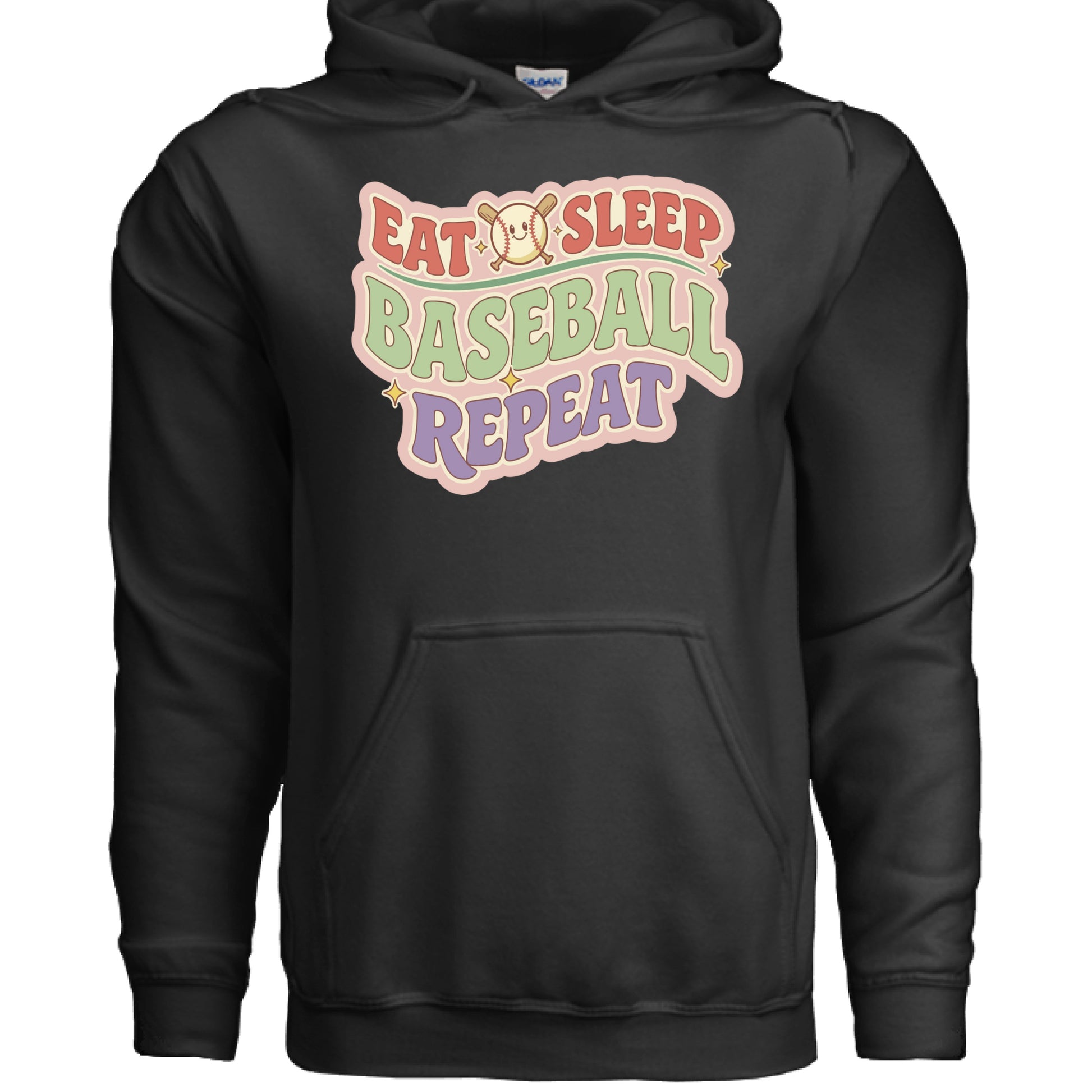 Eat Sleep Baseball Repeat – Colorful Fun Sports Lifestyle Hoodie for Ladies BLACK - FRONT
