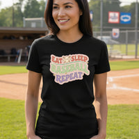 Eat Sleep Baseball Repeat – Colorful Fun Sports Lifestyle T-Shirt for Ladies BLACK - FRONT