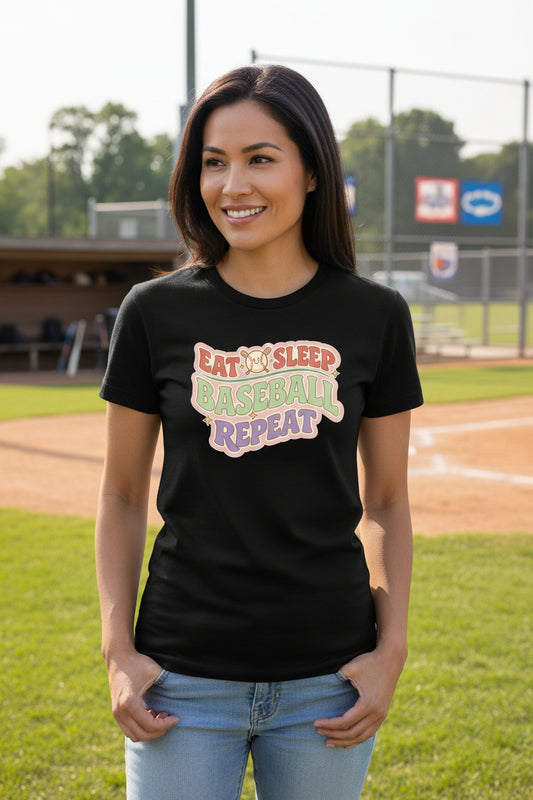 Eat Sleep Baseball Repeat – Colorful Fun Sports Lifestyle T-Shirt for Ladies BLACK - FRONT