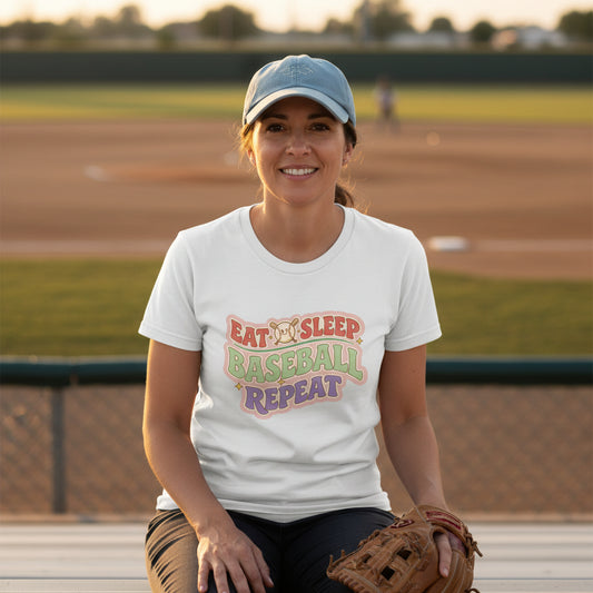 Eat Sleep Baseball Repeat – Colorful Fun Sports Lifestyle T-Shirt for Ladies WHITE - FRONT