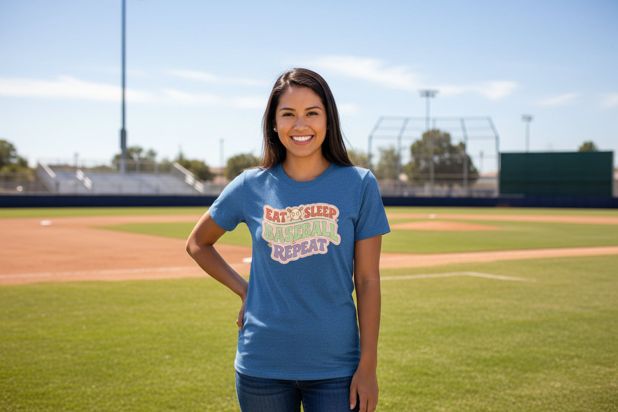 Eat Sleep Baseball Repeat – Colorful Fun Sports Lifestyle T-Shirt for Ladies HTHR TRUE ROYAL - FRONT