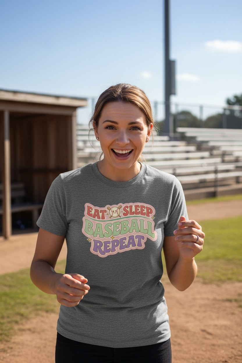 Eat Sleep Baseball Repeat – Colorful Fun Sports Lifestyle T-Shirt for Ladies DEEP HEATHER - FRONT