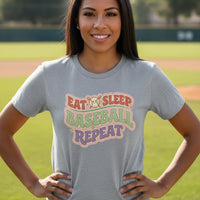 Eat Sleep Baseball Repeat – Colorful Fun Sports Lifestyle T-Shirt for Ladies ATHLETIC HEATHER - FRONT